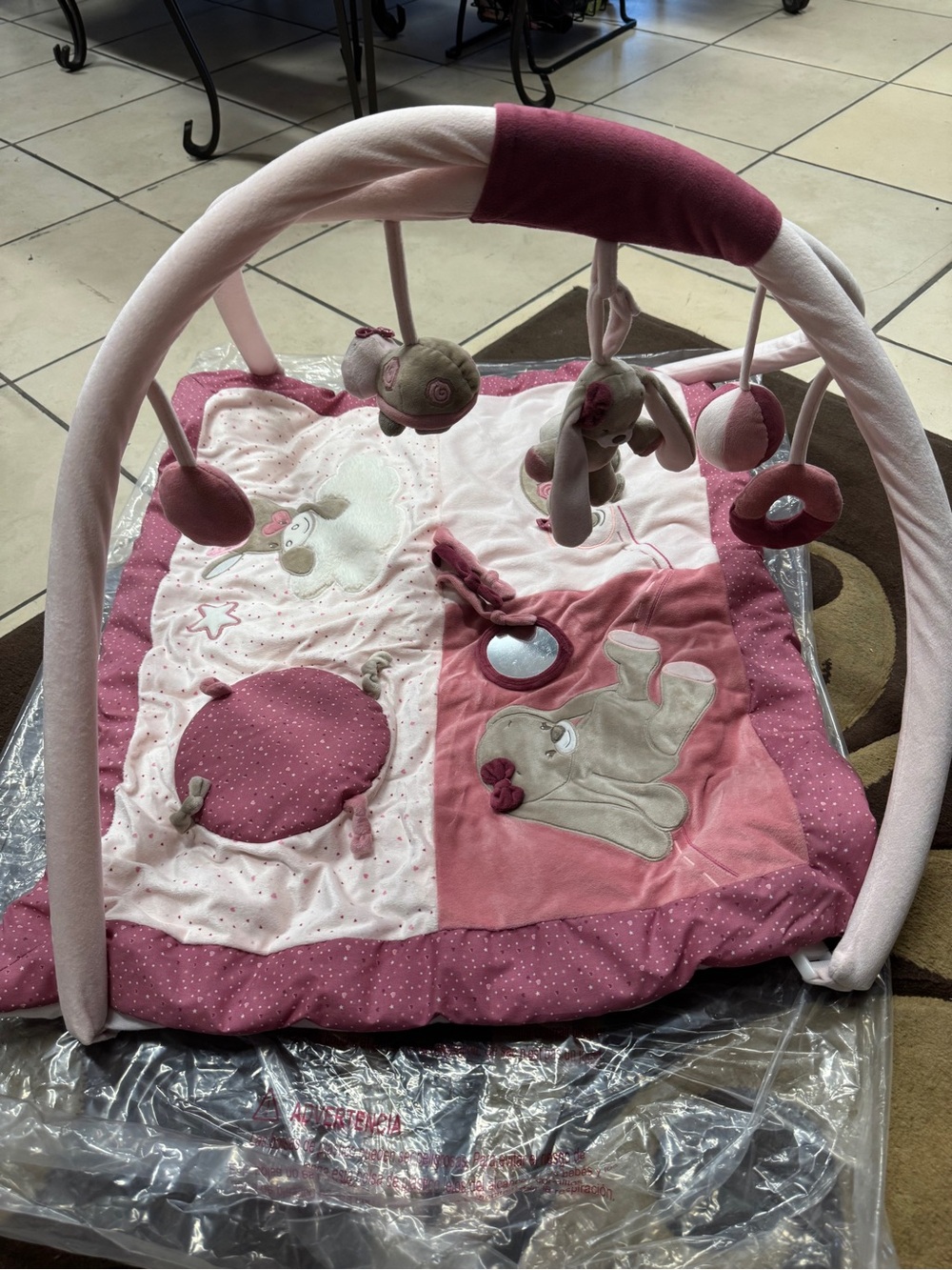 Plush Pink Infant Play Gym with Hanging Toys